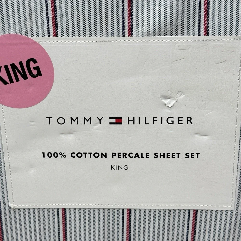 Tommy Hilfiger Ithaca Stripe KING Sheet Set 100% Cotton White Blue Red NEW